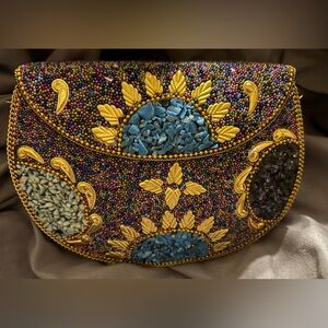 Ramla Multicolor Beaded Clutch with Gold Accents Brand New